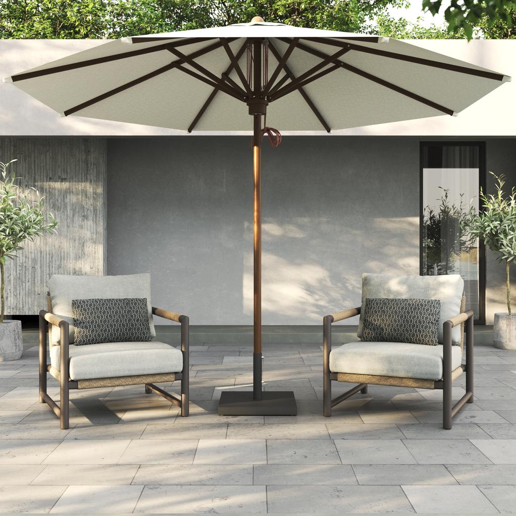 Bay Parasol Round 300 - Wood Grain Powder Coated SS - Ambiance Image~~