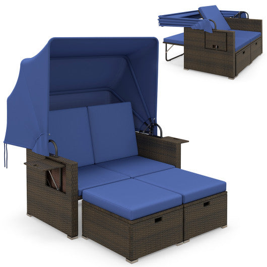 Outdoor Patio Rattan Daybed with Retractable Canopy and Adjustable Backrests-Navy